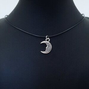 Crescent Moon Celestial Goth Silver Black Cord Choker Necklace Handmade Jewelry